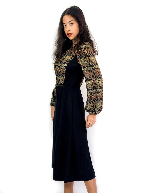 70s vintage black motif bohemian dress. Paisley p… - image 4