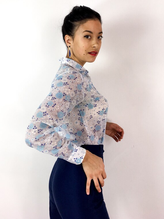 70s vintage sheer floral print shirt. White with … - image 7