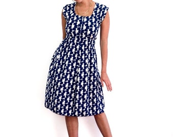 Blue and ivory white sheath dress made with vintage 70s fabric.