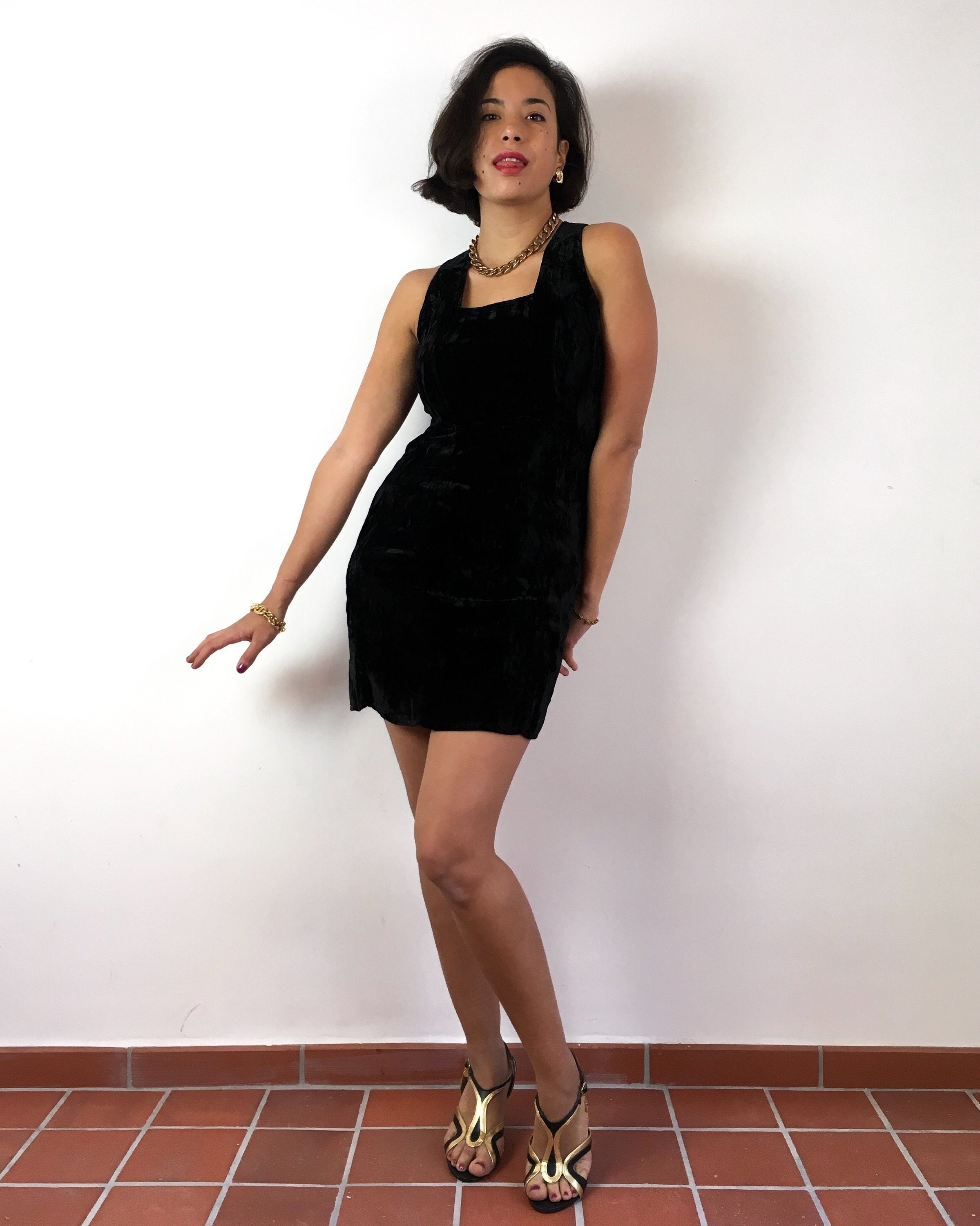 80s Vintage Black Velvet Mini Dress. Tight and Flattering. the