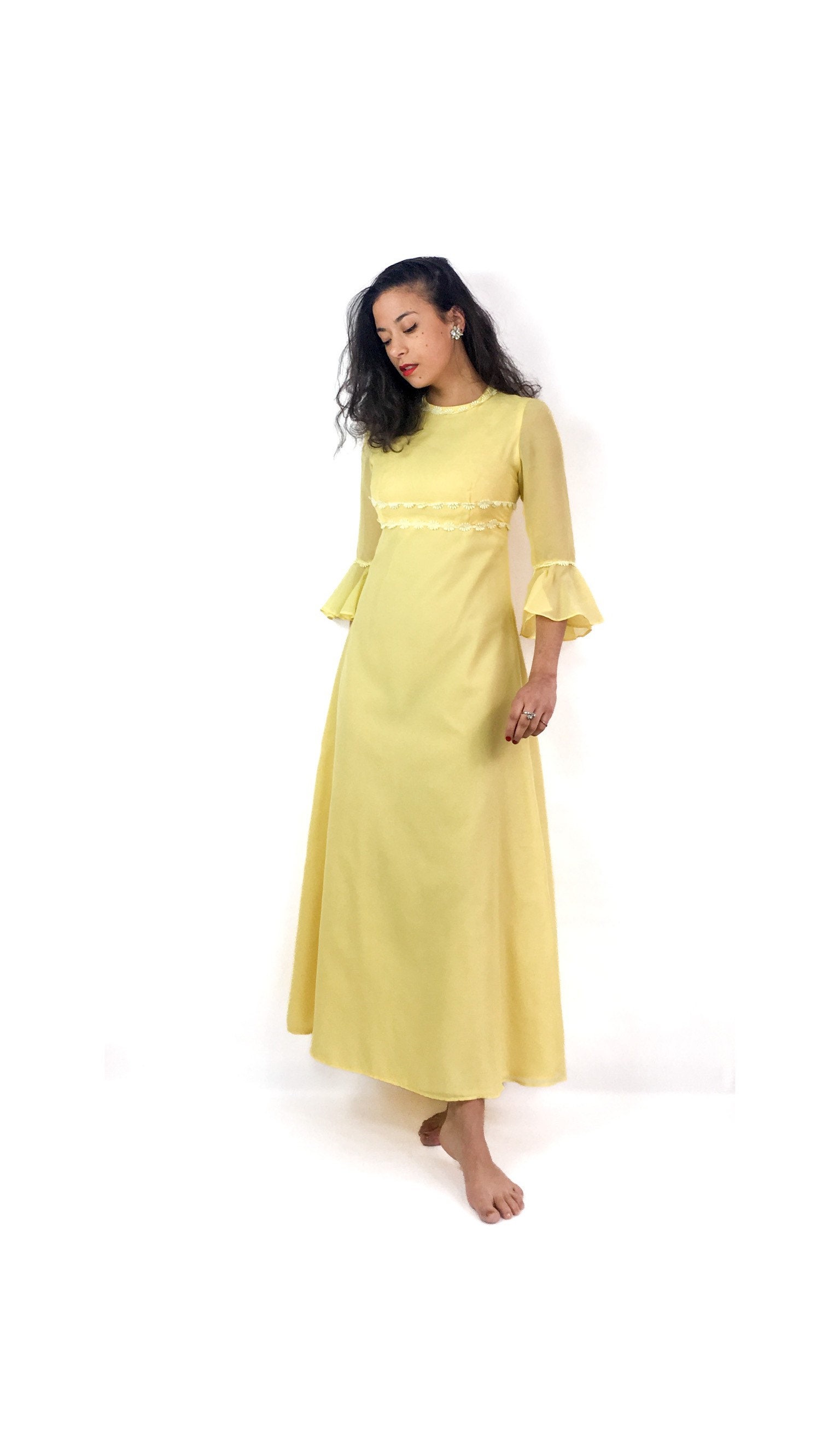 70s Vintage Formal Pale Yellow Maxi Dress. 3/4 Sheer Sleeves With