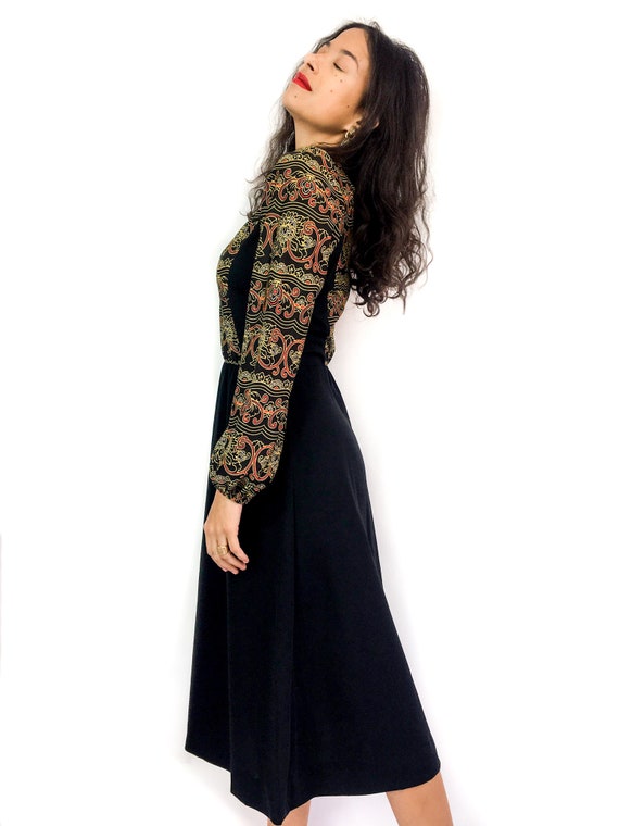 70s vintage black motif bohemian dress. Paisley p… - image 8