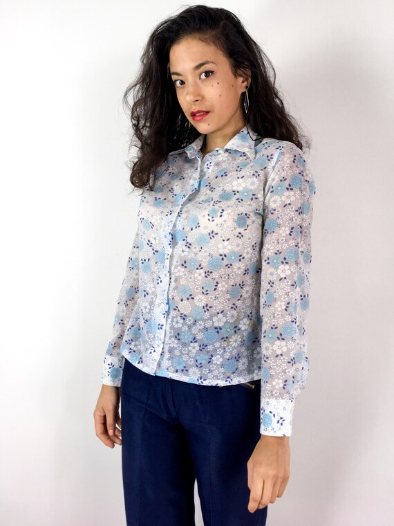 70s vintage sheer floral print shirt. White with … - image 2