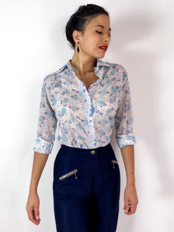 70s vintage sheer floral print shirt. White with … - image 8