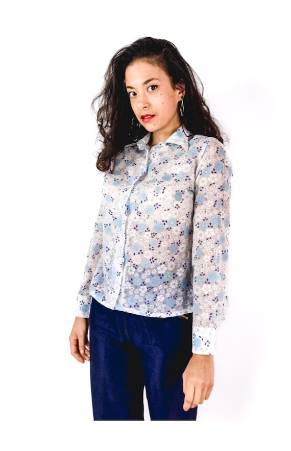 70s vintage sheer floral print shirt. White with … - image 1