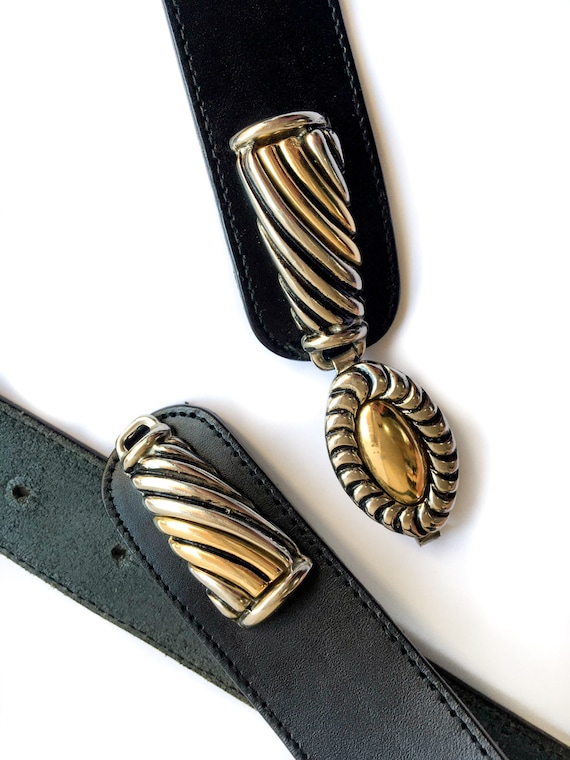 80s/early 90s vintage black leather belt. Two-str… - image 2