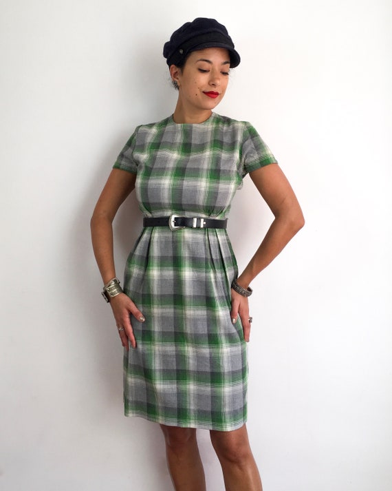 50s vintage handmade plaid dress in shades of gre… - image 5