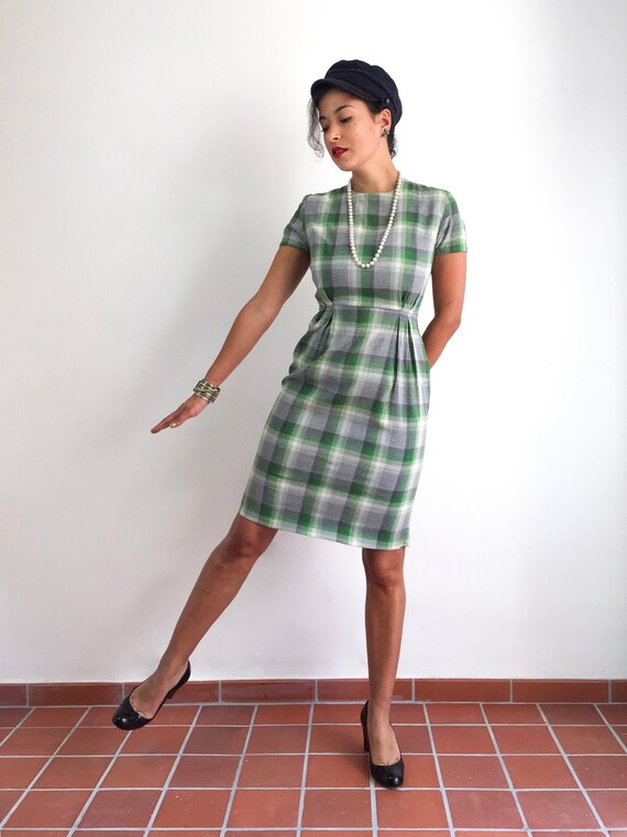 Vintage 50s handmade plaid print dress in tones of