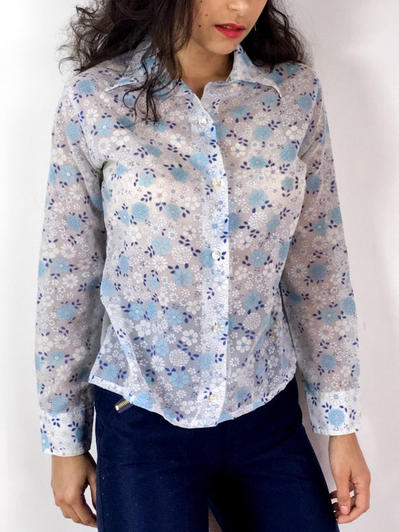 70s vintage sheer floral print shirt. White with … - image 4