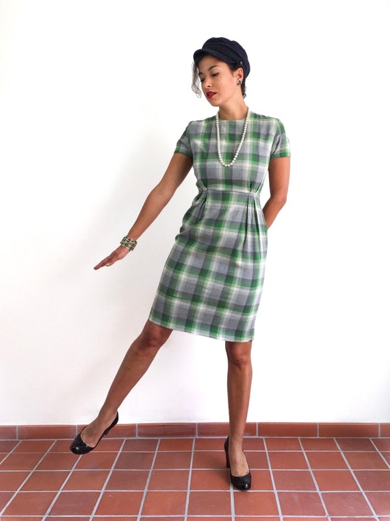 50s vintage handmade plaid dress in shades of gre… - image 1