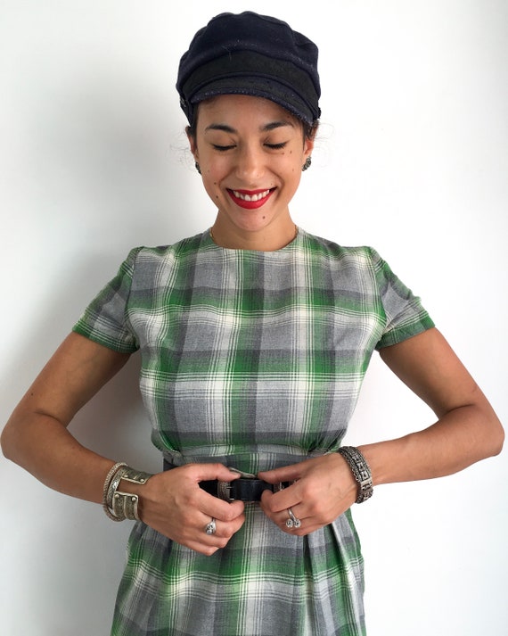 50s vintage handmade plaid dress in shades of gre… - image 2