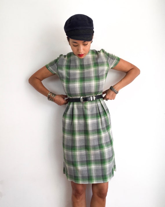 50s vintage handmade plaid dress in shades of gre… - image 6