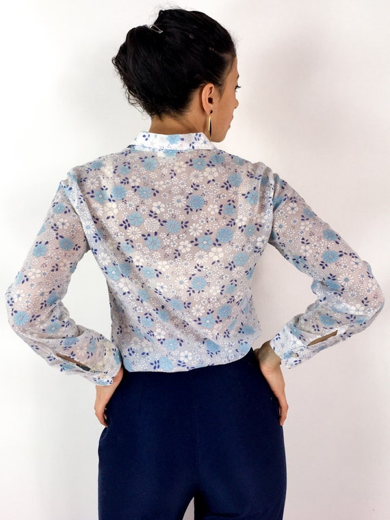 70s vintage sheer floral print shirt. White with … - image 6