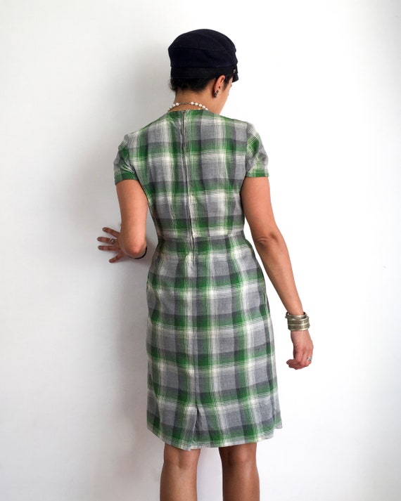 50s vintage handmade plaid dress in shades of gre… - image 8