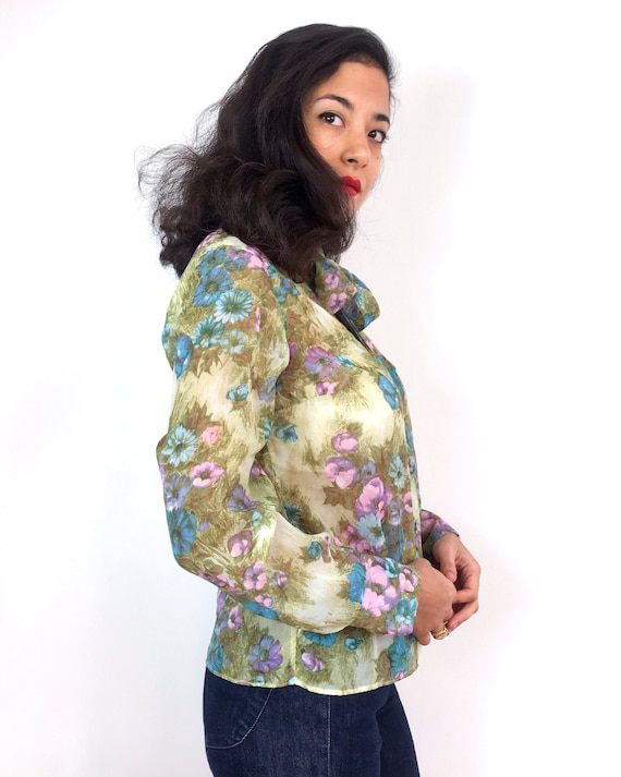 70s vintage sheer blouse. Kaki with a flower prin… - image 2