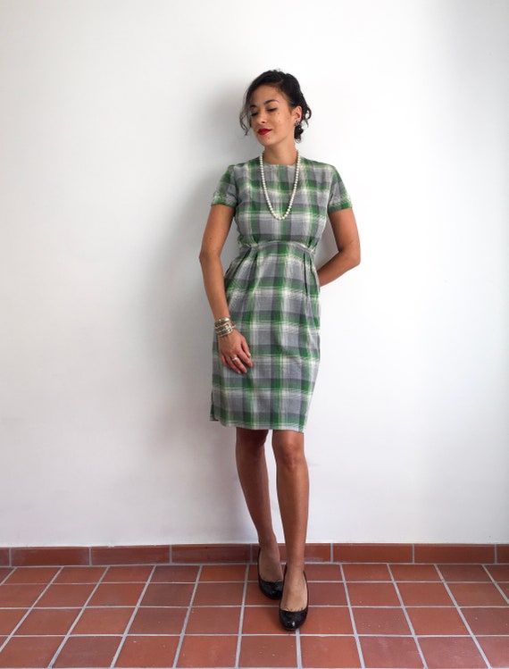 50s vintage handmade plaid dress in shades of gre… - image 4