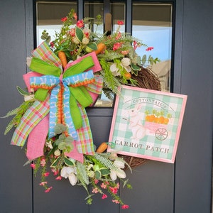 Easter Bunny Grapevine Wreath: Pink Cornflower & Tulip Farmhouse Decor