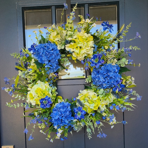 Everyday Hydrangea Wreath, New Spring Decor in Blue and Green, Bridal Shower Party Decoration, Summer Door Decoration