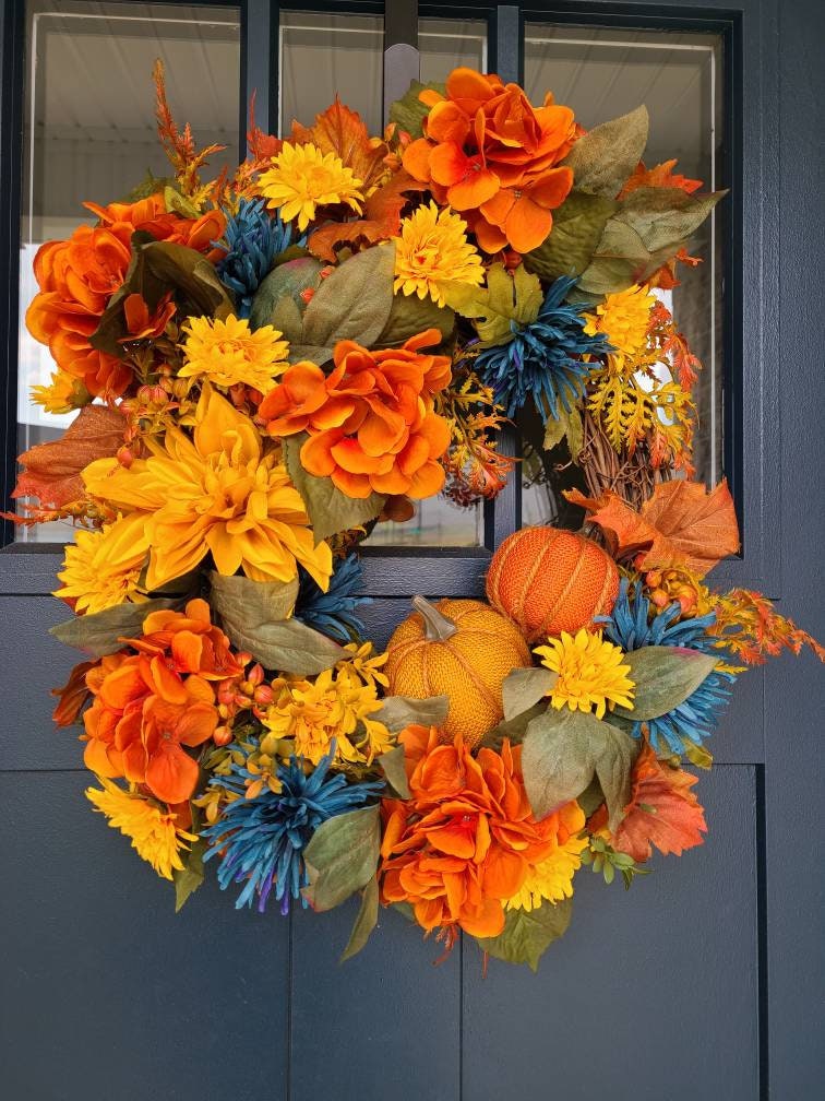 Fall Hydrangea Mum and Dahlia Wreath for Front Door Orange - Etsy