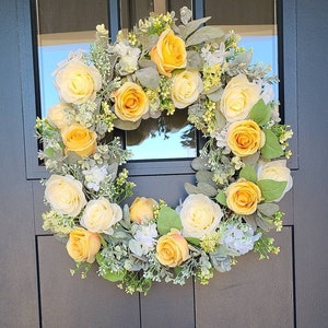 Romantic Bridal Shower Decor, Garden Flower Wreath, Wedding Wreath, Yellow and Cream Wreath, Rose and Hydrangea Wreath, Spring Wreath