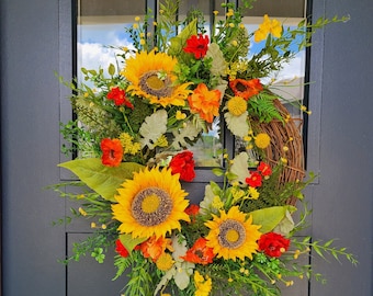 Sunflower Grapevine Wreath: Yellow, Orange, and Red Floral Front Door Decor