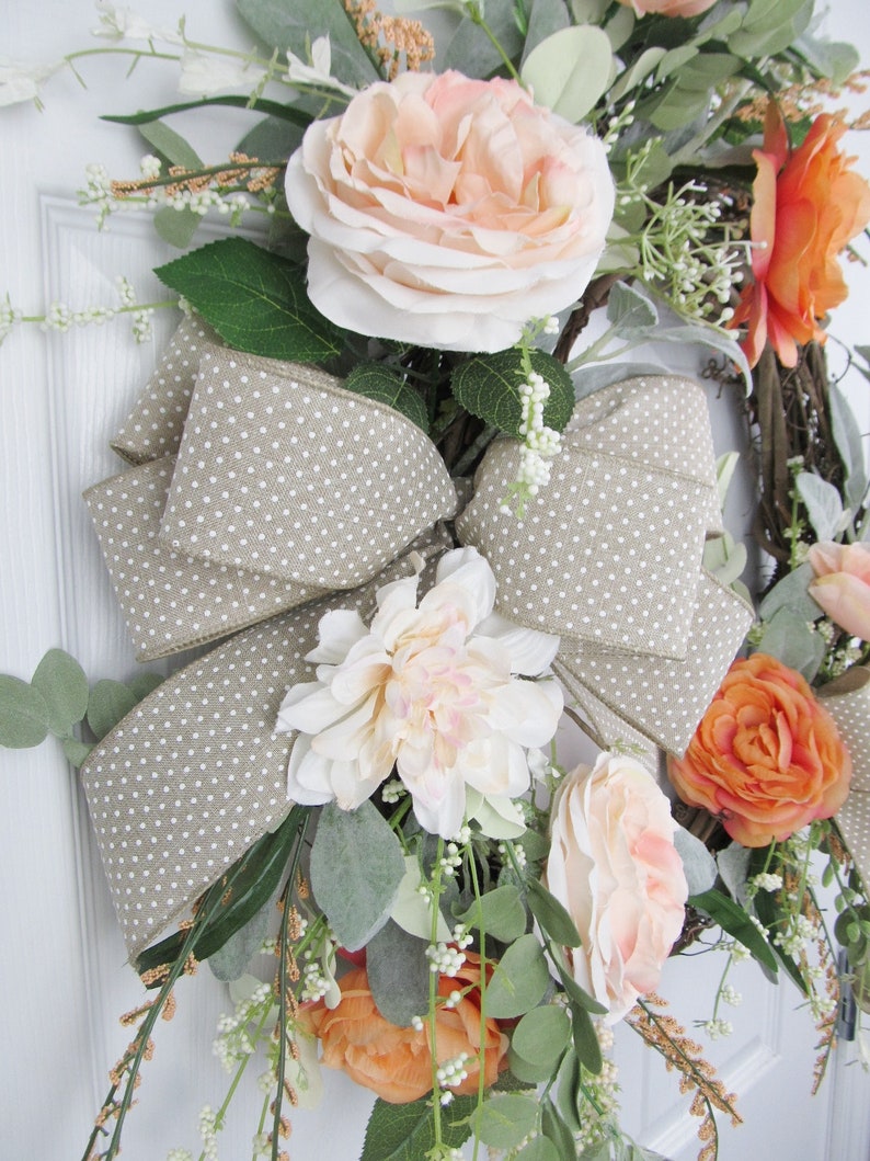 Coral Dahlia Wreath Eucalyptis Year Round Wreath Housewarming Wreath Coral Floral Wreath Coral Ranunculus Wreath Everyday Wreath