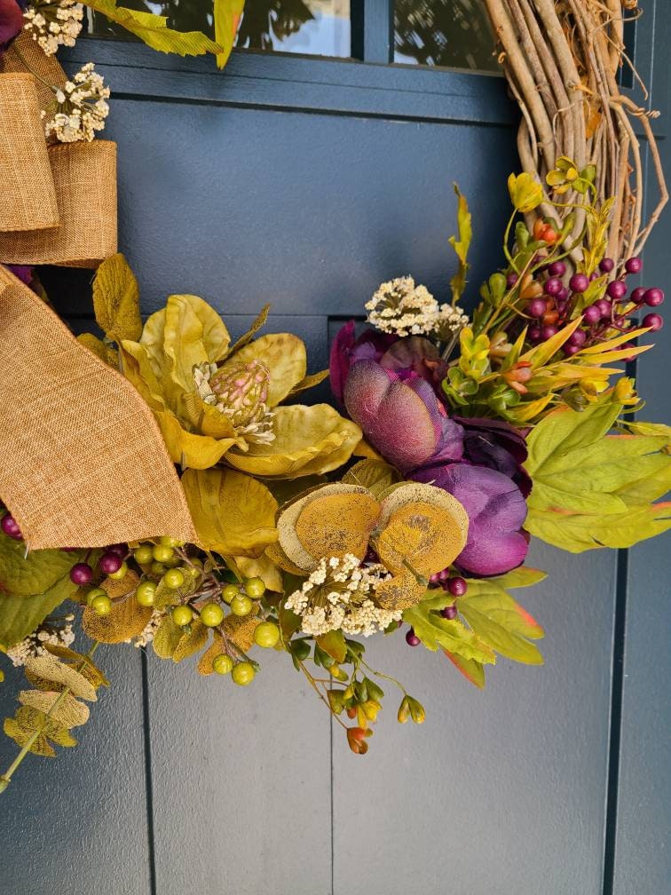 Country Fall Decor With Purple Peonies and Green Magnolias Etsy