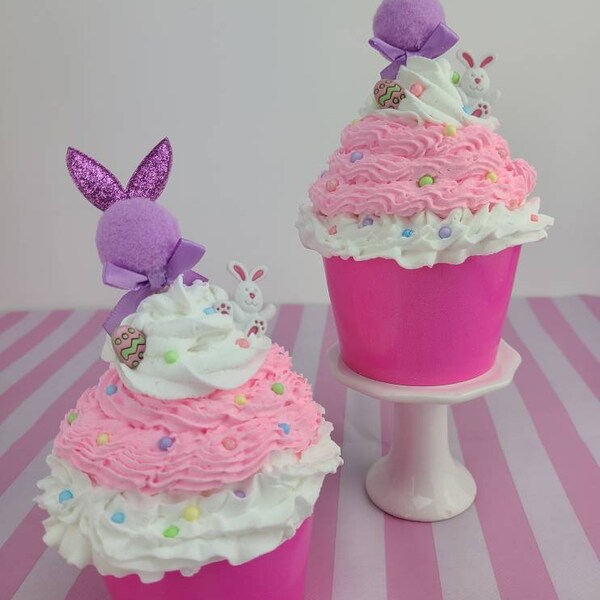Fake Extra Large Cupcake, Pink and White Fake Easter Dessert, Bunny Tier Tray Decoration