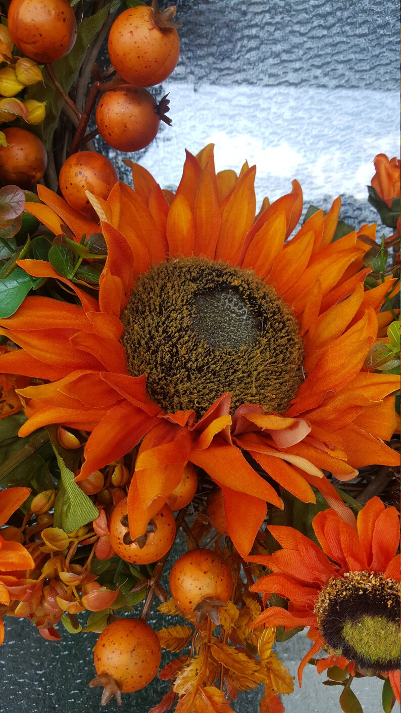 Fall Pumpkin Wreath with Sunflowers Outdoor Decor Autumn Wreath Housewarming Gift Grapevine Wreath for Door