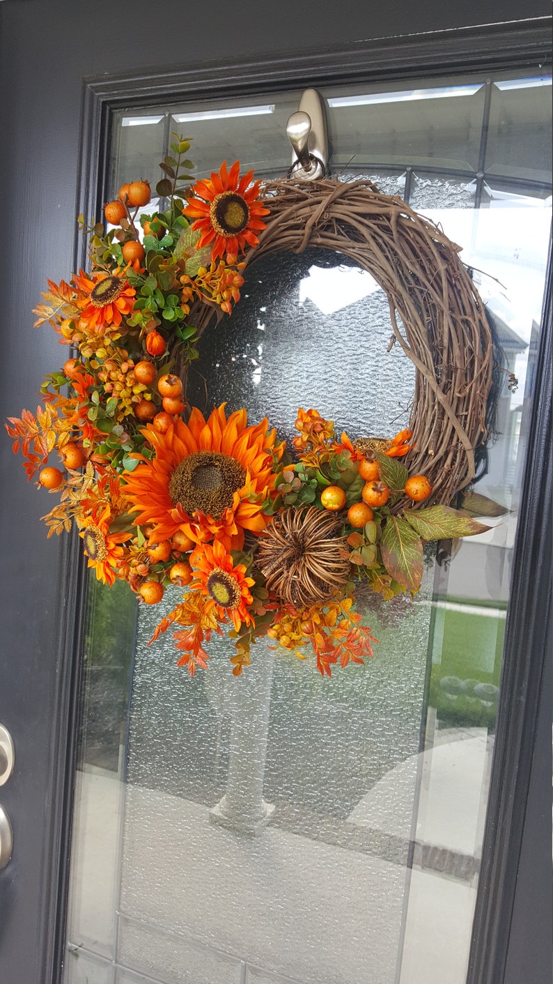 Fall Pumpkin Wreath with Sunflowers Outdoor Decor Autumn Wreath Housewarming Gift Grapevine Wreath for Door