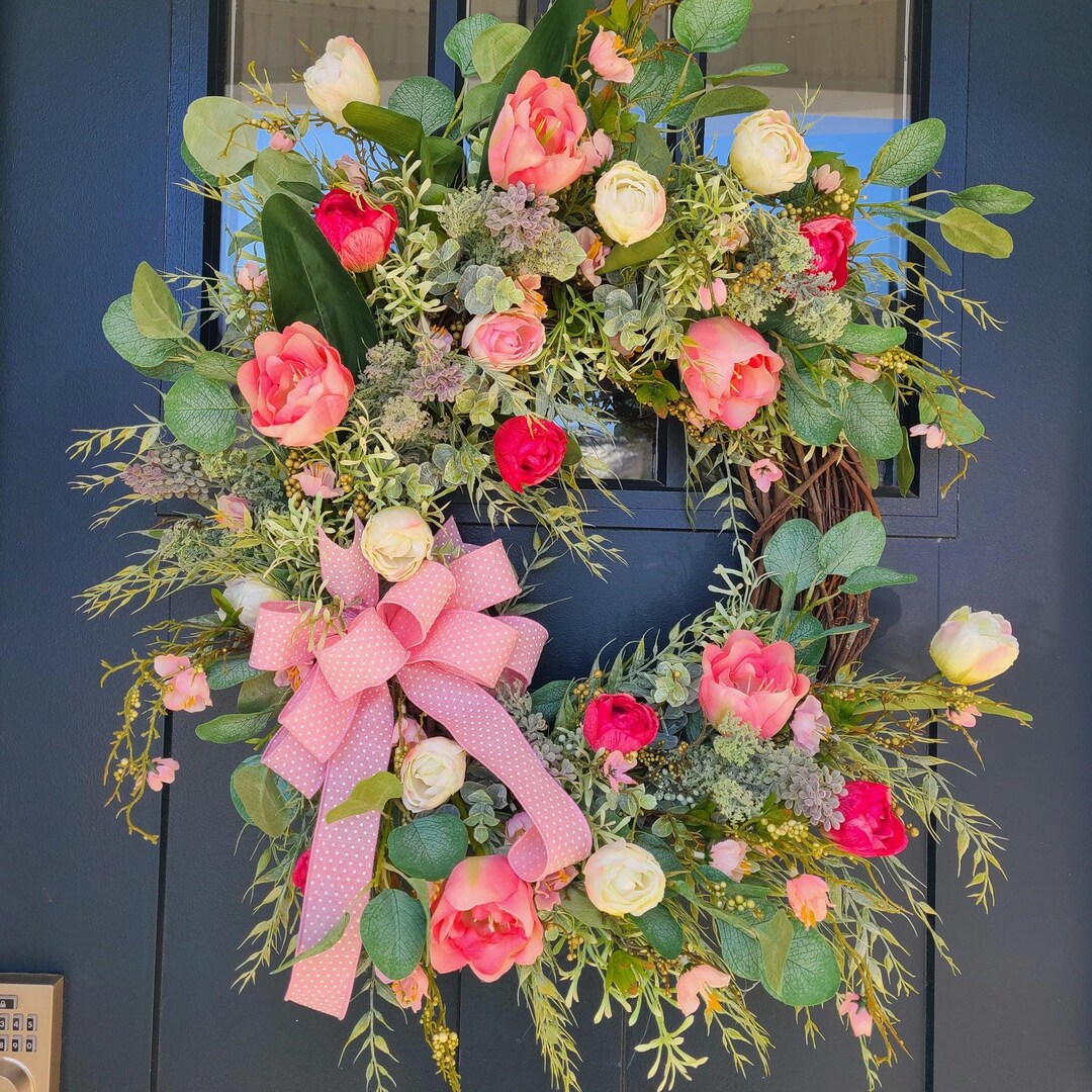 Handmade Pink Tulip Wreath: Elegant Spring Door Decor - Etsy