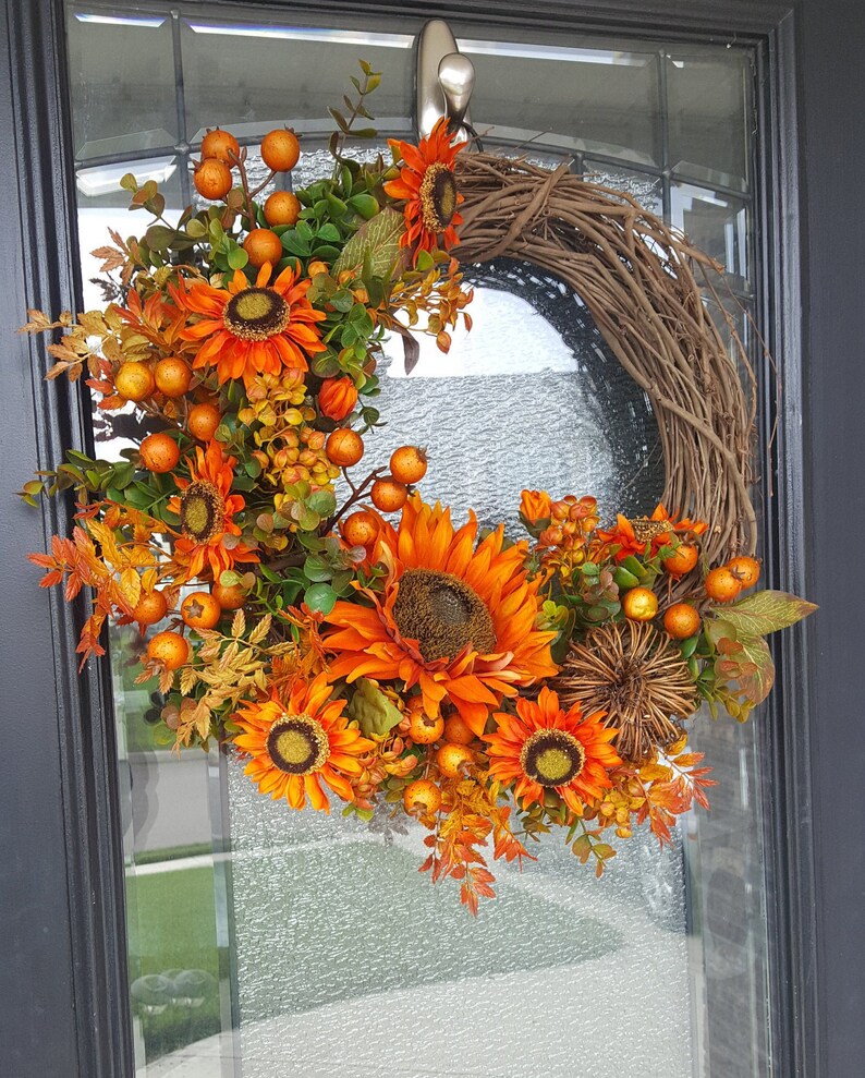 Fall Pumpkin Wreath with Sunflowers Outdoor Decor Autumn Wreath Housewarming Gift Grapevine Wreath for Door