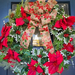 Red Poinsettia Evergreen Wreath,  Winter Wreath, Best Winter Wreath, Favorite Holiday Wreath, Christmas Gift, Traditional Wreath