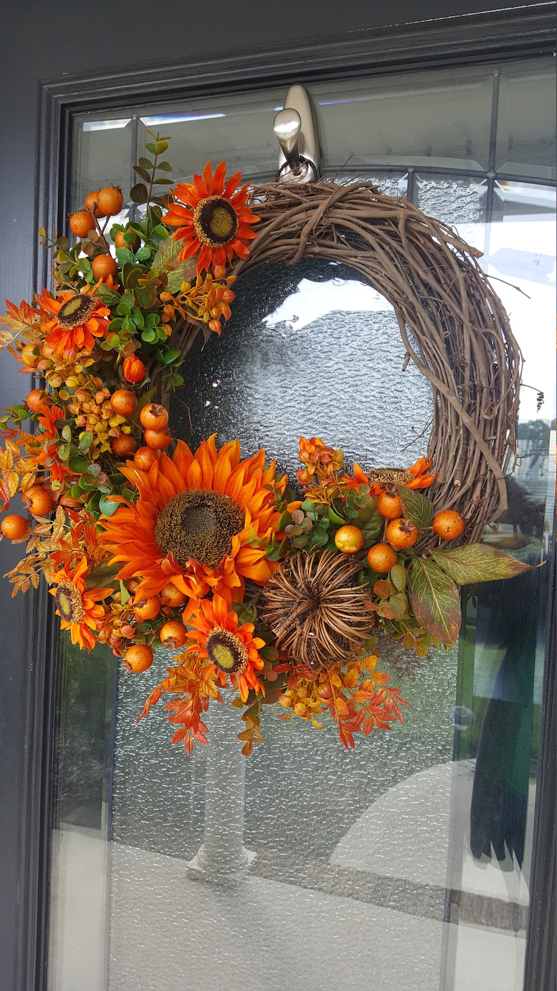 Fall Pumpkin Wreath with Sunflowers Outdoor Decor Autumn Wreath Housewarming Gift Grapevine Wreath for Door