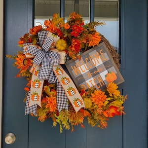 Fall Pumpkin Patch Wreath with Sunflowers and Mums, Buffalo Check Autumn Wreath, Outdoor Decor, DIY Fall Decor, Thanksgiving Wreath