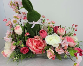 Spring Easter Moss Bunny Floral Arrangement: Tulip, Rose & Peony Centerpiece