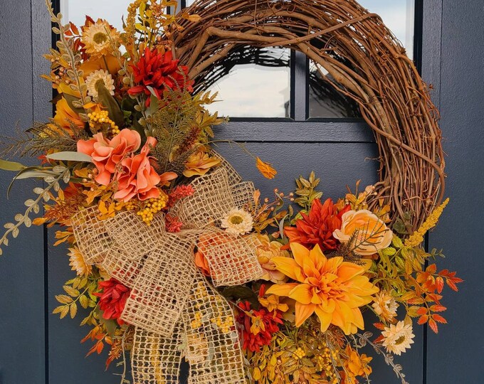 Autumn Grapevine Wreath With Hydrangeas and Mums: Fall Front Door Decor ...