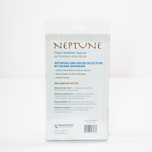 May include: A clear plastic package containing a set of Neptune Finest Synthetic Squirrel brushes by Princeton Artist Brush. The package features a white background with black text and a list of the brushes included in the set: Neptune Script Liner 1, Neptune Long Round 12, Neptune Mottler 1.5", and Neptune Oval Wash 1/2".