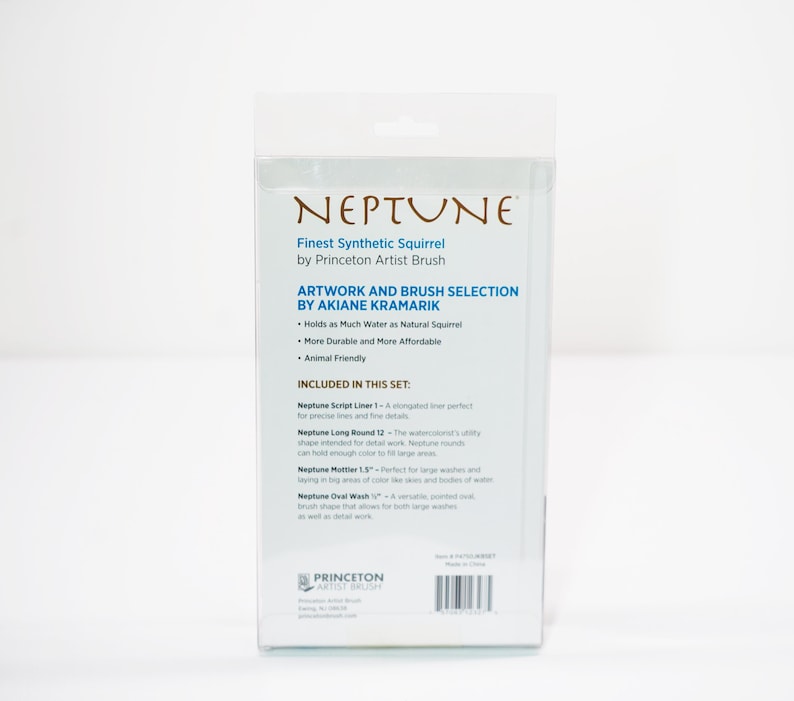 May include: A clear plastic package containing a set of Neptune Finest Synthetic Squirrel brushes by Princeton Artist Brush. The package features a white background with black text and a list of the brushes included in the set: Neptune Script Liner 1, Neptune Long Round 12, Neptune Mottler 1.5", and Neptune Oval Wash 1/2".