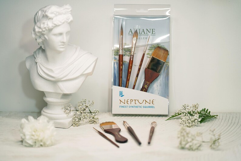 May include: A set of four paint brushes in a plastic package. The brushes are labeled "Neptune Finest Synthetic Squirrel" and "Ailane Gallery".