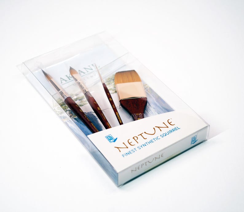 May include: A set of three paint brushes in a clear plastic package. The brushes are labeled "Neptune Finest Synthetic Squirrel".