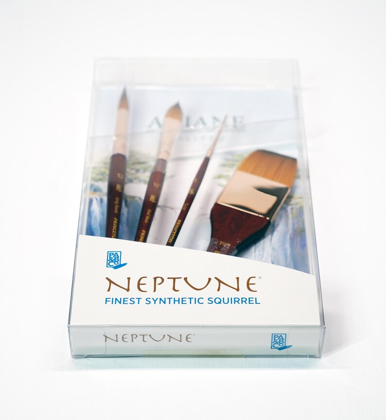 May include: A set of three paint brushes in a clear plastic box. The brushes are labeled "Neptune Finest Synthetic Squirrel".
