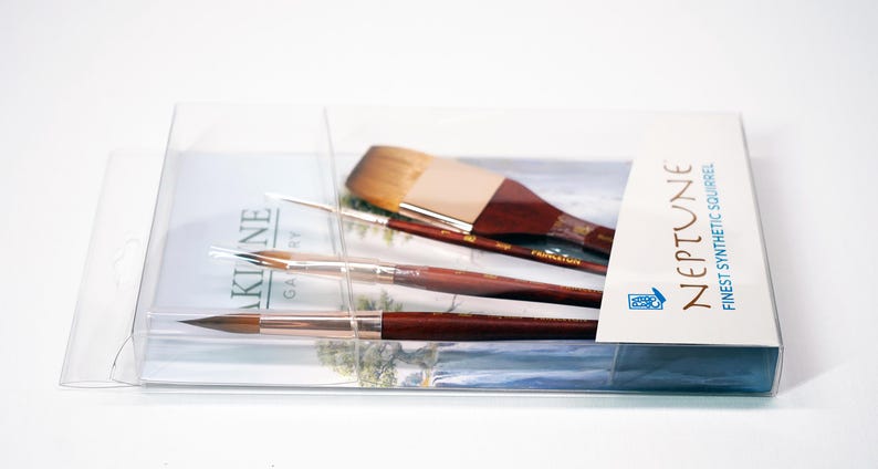 May include: A set of four paint brushes in a clear plastic package. The brushes are labeled "Neptune Finest Synthetic Squirrels".
