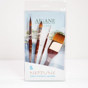 May include: A set of three paint brushes in a clear plastic package. The brushes are labeled "Princeton" and are part of the "Neptune Finest Synthetic Squirrel" line. The package also features the text "Akiane Gallery".