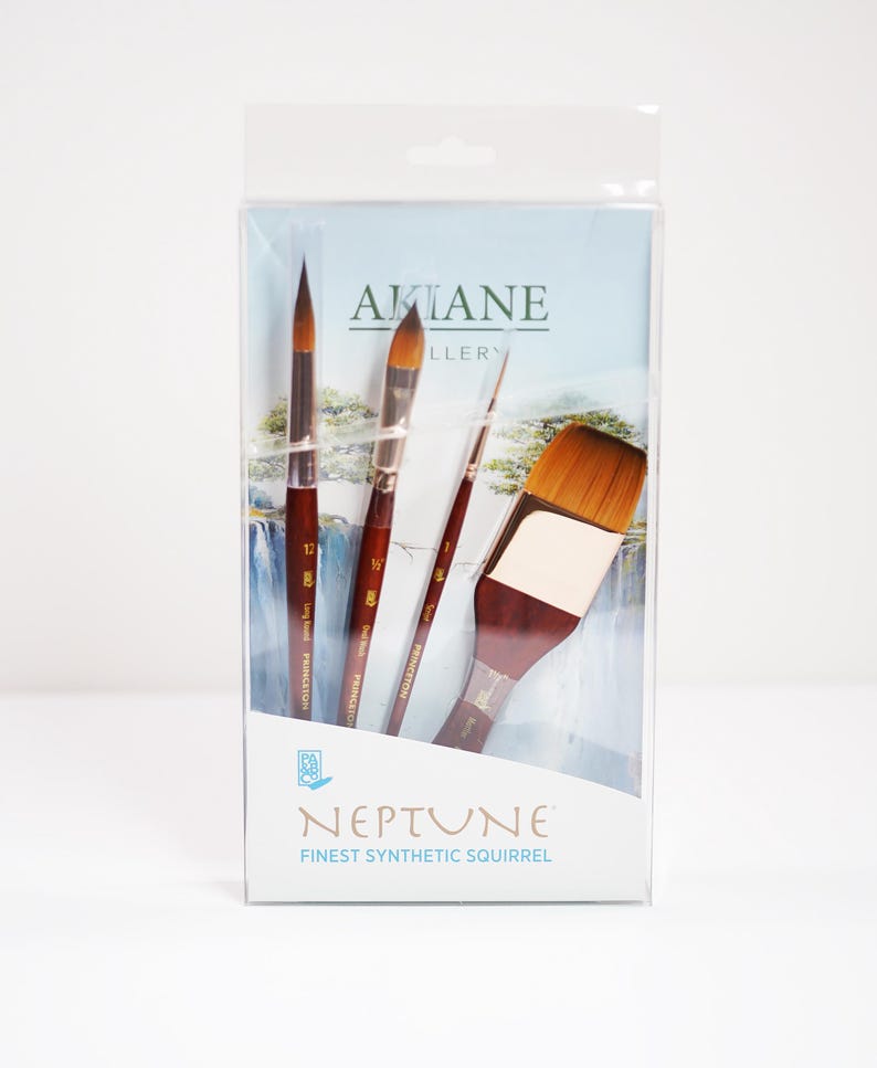 May include: A set of three paint brushes in a clear plastic package. The brushes are labeled "Princeton" and are part of the "Neptune Finest Synthetic Squirrel" line. The package also features the text "Akiane Gallery".