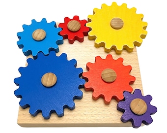 Apilador de formas de engranajes de madera, Arco iris apilable, Apilador de anillos de madera, Arco iris de madera, Juguete para bebés Montessori, Juguete educativo Waldorf, Decoración de guardería