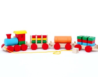 Wooden Train Pull Toy 1, Train 4 Set, Steam Locomotive toy, Sorting toy, Wood Train Toy, Waldorf Toy, Toddler Activity toy, Personalised Toy