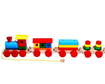 Wooden Train Pull Toy 2, Train 4 Set, Steam Locomotive toy, Sorting toy, Wood Train Toy, Waldorf Toy, Toddler Activity toy, Personalised Toy