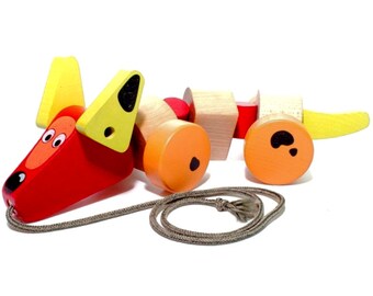 Perro de tracción, juguete para perros salchicha de madera, juguete para perros de madera con ruedas giratorias, juguetes de animales orgánicos, ecológico, juguete Montessori, juguete Waldorf