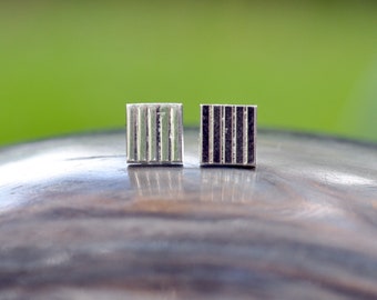 Striped Square Sterling Studs, 6mm Square, Modern Lightweight Earrings, Everyday Stud